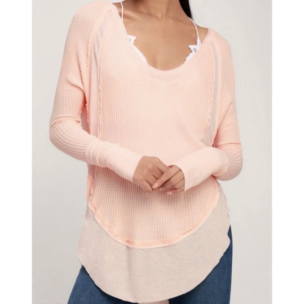 Free People Peach Catalina Thermal Shirt Medium Oversized Lightweight V-Neck NWT